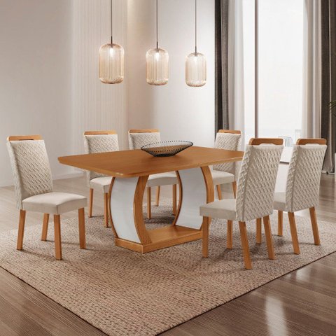 Mesa de Jantar Milena 180 cm Tampo MDF Laminado Canto Copo com 6 Cadeiras Aline