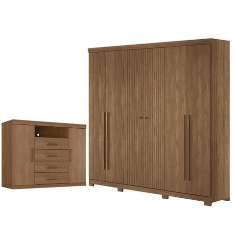 Guarda Roupa Casal Ripado 6 Portas Buriti com Pés e Cômoda Havana Master Jatobá Acetinado - Santos a