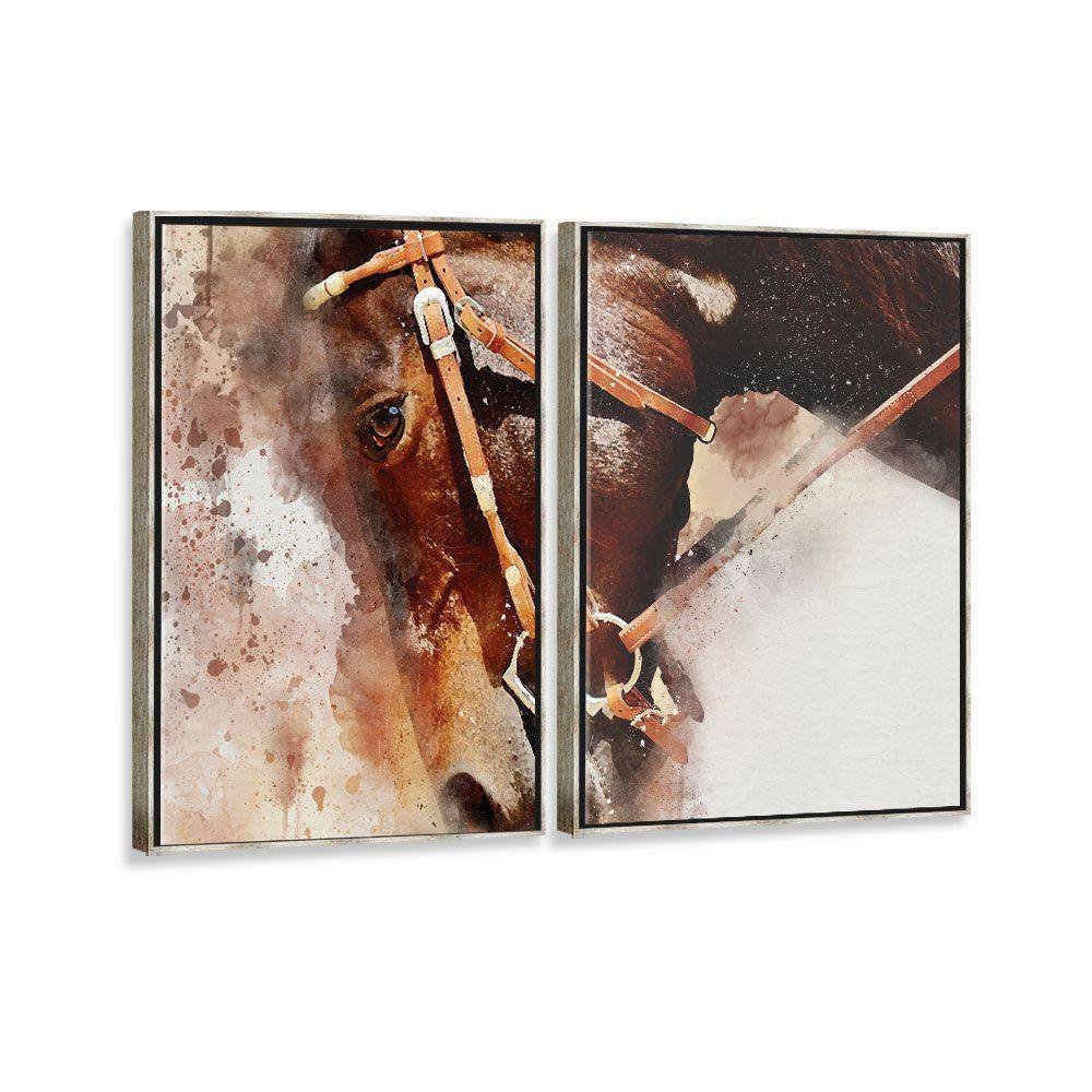 Kit 2 Telas Canvas Com Moldura Cavalo Aquarela - 2