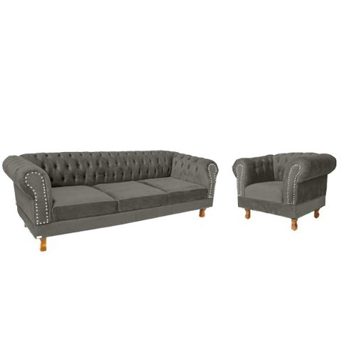 Um Sofá Duque Chesterfield 1.80 + Uma Poltrona Suede Cinza Chumbo Sala Recepcao Barbearia