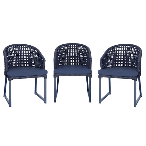 3 Cadeira Noronha Aluminio Micro Pintura Azul Marinho, Tr. Telinha Corda Nautica Azul Marinho,