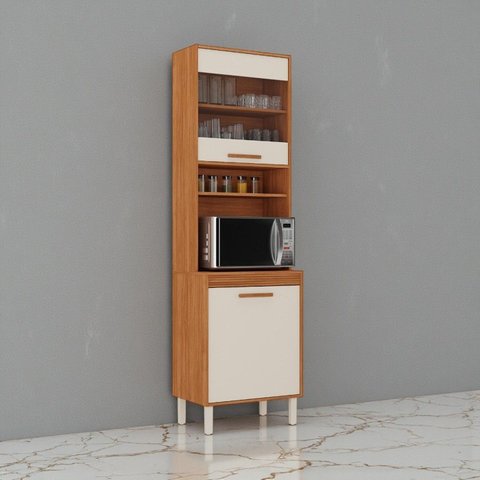 Paneleiro 2 Portas 1 em Vidro Fumê Nicho para Forno Canela Bege/Cinamomo/Off White