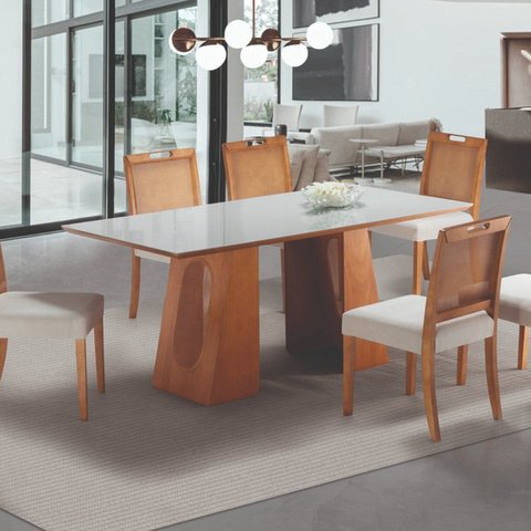 Conjunto Mesa Tampo de Vidro 160x90cm com 6 Cadeiras Celine Marrom/Amêndoa/Off White