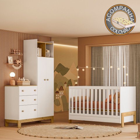 Quarto de Bebê com Berço Fantasia e Guarda Roupa com Cômoda Flora Branco Qmovi + Colchão Gazin