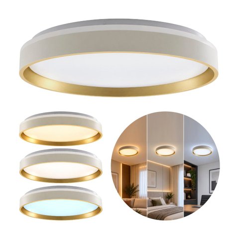 Plafon LED Sobrepor Yael Redondo 36W Dourado c/ Branco 3 Cores de Luz Luminatti ST3357