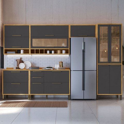 Armário de Cozinha Modulada com Balcão e Tampo 12 Portas 4 Gavetas Ágata 100% Mdf Vidro Reflecta Amê