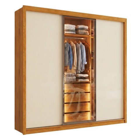 Guarda Roupas Casal 3 Portas de Correr Reflecta com LED 4 Gavetas Flex Eva