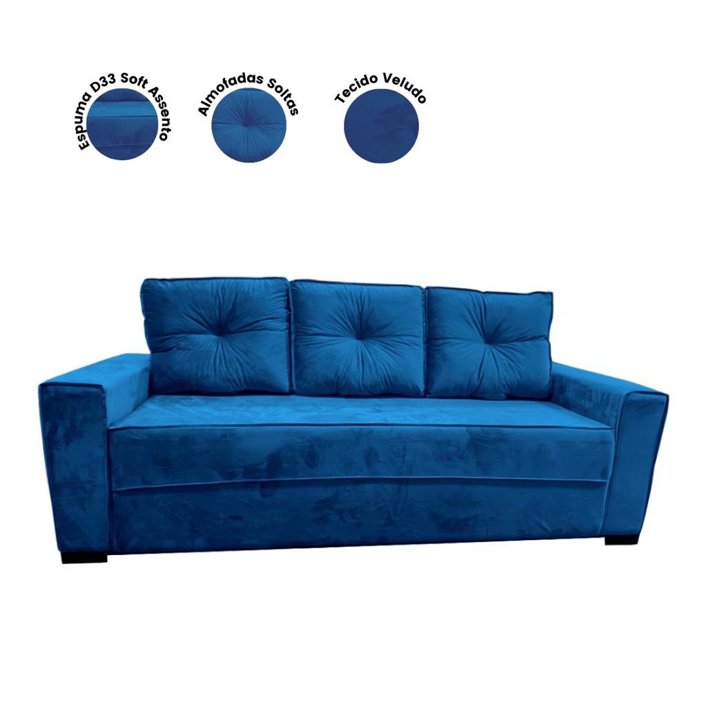 Sofá Dallas Living Veludo Azul 3 Lugares 2.00 mts MadeiraMadeira