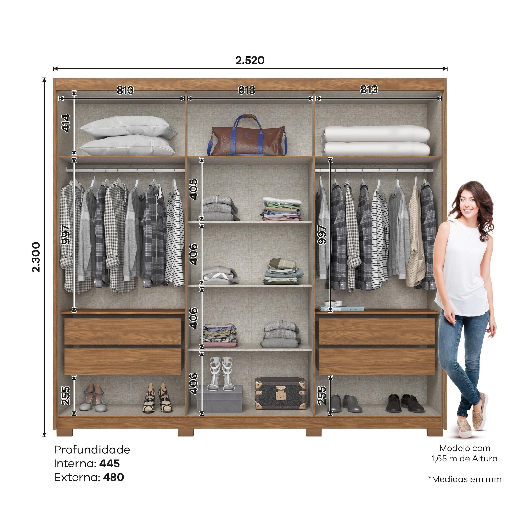 Guarda Roupa Casal 6 Portas 4 Gavetas Flex D325 Nature Avelã