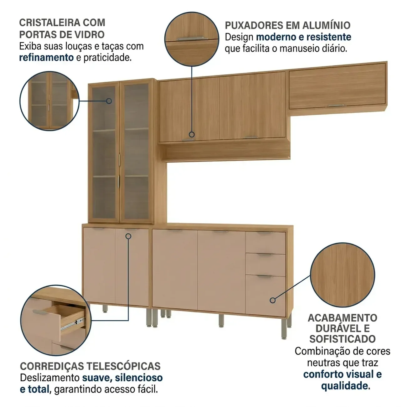 Ver imagem 5 de Cozinha Compacta Modulada 4 Peças 270cm 10 Portas e 2 Gavetas Colors Marrom Freijó/Pinole