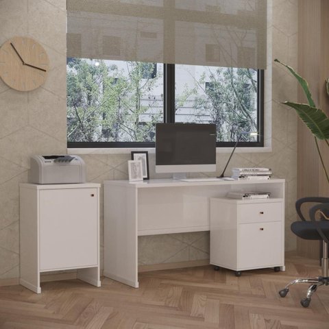 Conjunto Escritório 3 Peças - Mesa Gaveteiro e Balcão Berlin - Branco