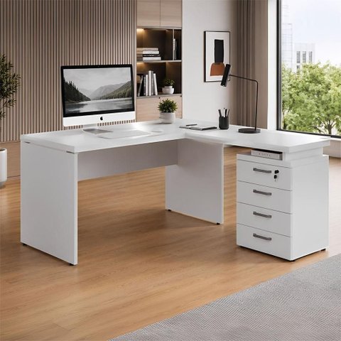 Mesa em L Escritório com Gaveteiro 4 Gavetas MDP 150cm Cinza F5 Office