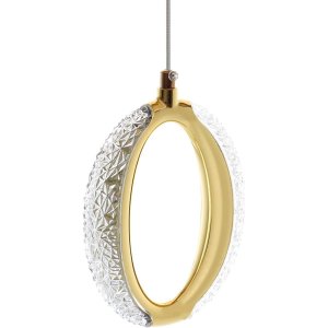 Pendente Anel Cristal Dourado Polido Led 7w 3 Cores 3000k 4000k 6500k Metal e Acrílico Design Modern