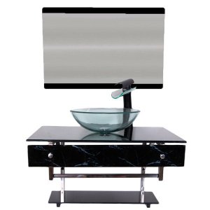 Gabinete Banheiro Vidro 70cm Com Cuba Preto
