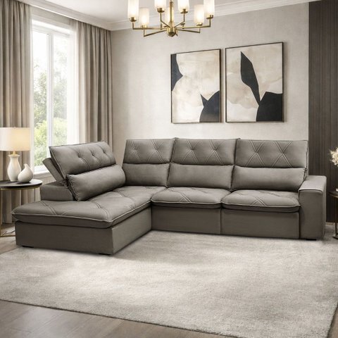 Sofá 3 Lugares Retrátil Reclinável Chaise Esquerdo 258cm Bergen F04 Veludo Marrom Claro - Lyam Decor