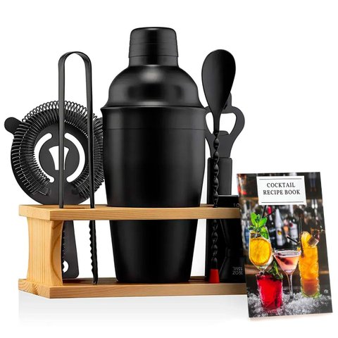 Kit de Utensílios para Bar e Coqueteleira Preto Fosco com Suporte Vitino Obsidian