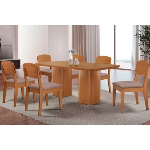 Conjunto: Mesa Sala Jantar Maldivas C/ Tampo Madeirado Canto Curvo 180x90cm e 6 Cadeiras Havana