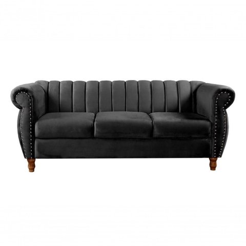 Sofá Realeza 3 Lugares 196cm Preto Veludo Fixo Clássico Bella Decor