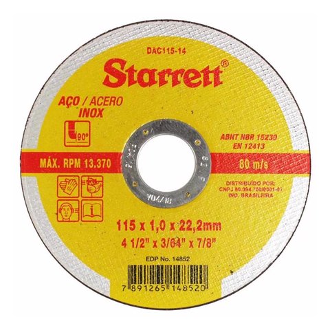 Disco de Corte de 4.1/2" X 3/64" X 7/8" para Aço Inox - Starrett Dac115-14