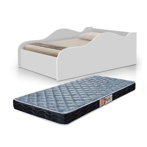 Cama Carro Solteiro Branco de Mdf com Proteção Lateral + Colchão D20