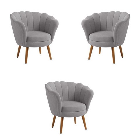 Kit 3 Poltronas Pétala Veludo Cinza Claro Pés Palito - Kimi Design