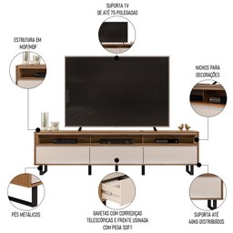 Rack Bancada para Tv 75 Pol Pés Estilo Industrial Alfa D04 Off White/freijó - Mpozenato - 3