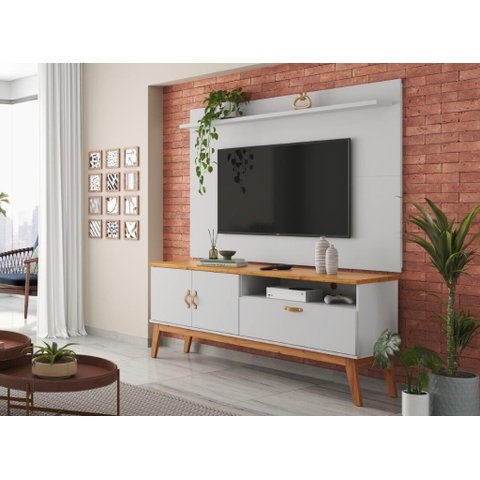 Rack + Painel Si Estilo Retrô 1.40m para Tv até 55'' Polegadas Cor Branco / Cinamomo