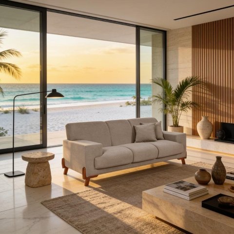 Sofá Milão 3 Lugares Fixo 209cm Bege Linho Clássico Living Casa Imperial