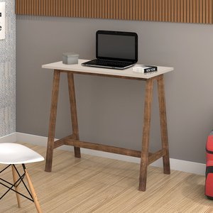 Mesa Compacta Home Office 90cm Base em Madeira - Off White