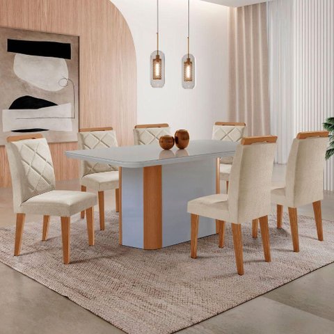 Mesa Isadora 180cm MDF Vidro e 6 Cadeiras Melissa Veludo Creme /Off /Naturale /Serig Off com Vidro