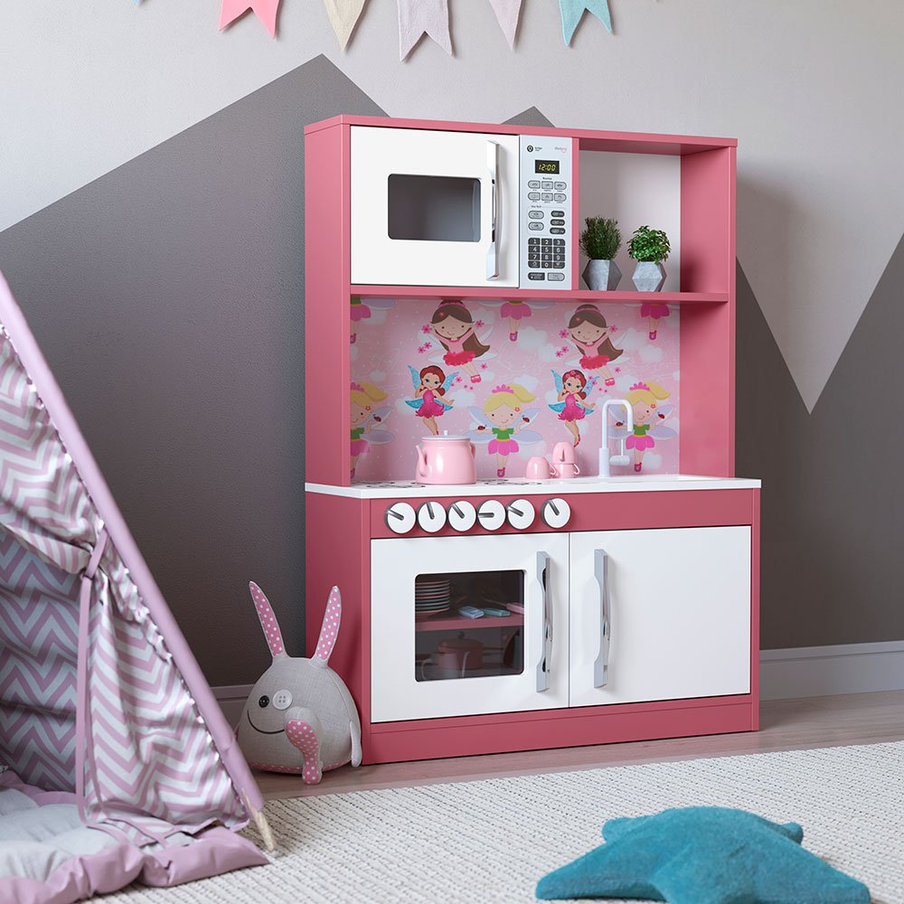 Cozinha Infantil Diana em Mdf Branco Rosa