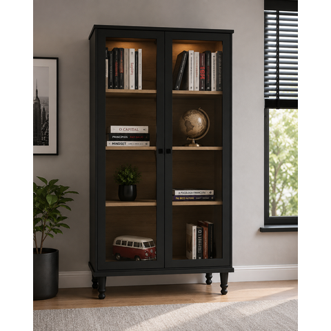 Estante Para Livros Ditália 2 Portas Vidro E-957 Cor:Preto