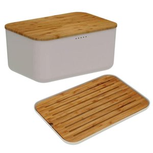 Conjunto Porta Pão com Tampa Caixa 33cm e Tábua Migalheira Bege Base Bambu 33x23cm Lume ou