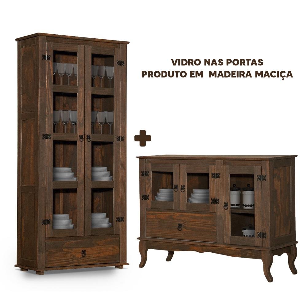 Kit Buffet com Cristaleira Madeira Maciça Imbuia Kalyn Jm Móveis - 2