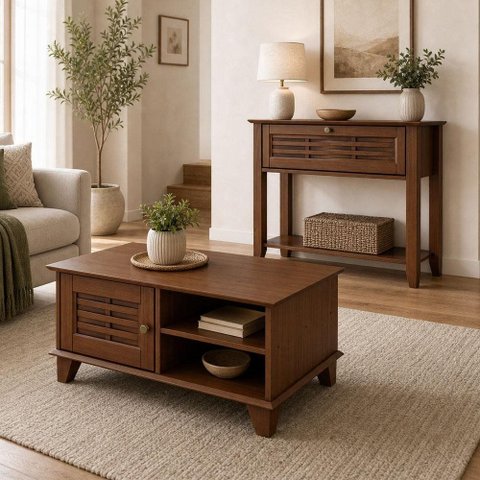 Kit Aparador para Sala de Estar 90cm com Mesa de Centro 1 Porta Madeira Maciça Aton S05 Ipê - Lyam