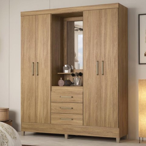 Guarda Roupa Casal 4 Portas com Espelho e 3 Gavetas Colombo - Amêndola Touch