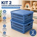 Ver imagem 4 de Kit 2 Caixa Organizadora Infantil Empilhavel Cesto com Tampa Azul Multiuso Guarda Roupa Porta Objeto