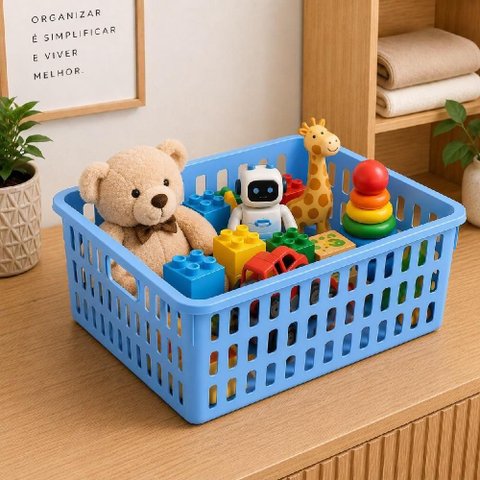 Kit 2 Caixa Organizadora Infantil Empilhavel Cesto com Tampa Azul Multiuso Guarda Roupa Porta Objeto