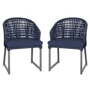 2 Cadeira Noronha Aluminio Micro Pintura Grafite, Tr. Telinha Corda Nautica Azul Marinho, Estofado