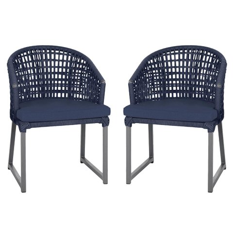 2 Cadeira Noronha Aluminio Micro Pintura Grafite, Tr. Telinha Corda Nautica Azul Marinho, Estofado