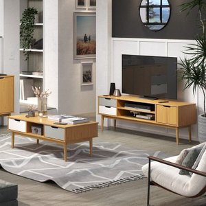 Conjunto Rack para Tv até 55 Polegadas e Mesa de Centro em Madeira Maciça Nórdica Yescasa