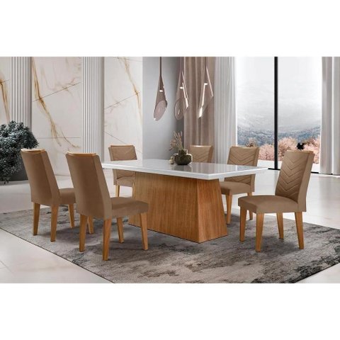 Sala de Jantar Completa Luna C- Tampo Vidro Canto Curvo 180x90cm e 6 Cadeiras Londrina Imbuia-off
