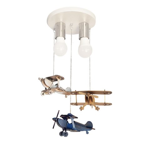 Lustre Luminária Infantil Aviões Azul, Bronze e Prata 20x47
