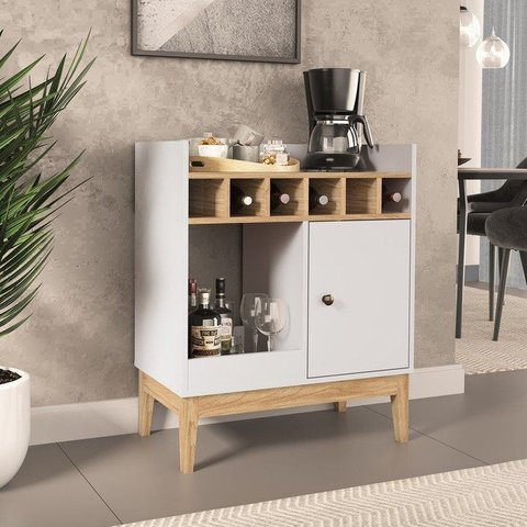 Aparador Garrafeiro Bar para Sala de Jantar 1 Porta Adega 6 Garrafas 70x85cm Mel Off White