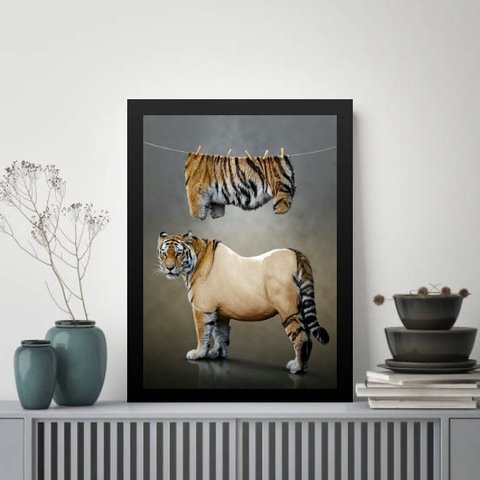 Quadro Decorativo para Lavanderia - Tigre 24x18cm:moldura Branca