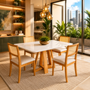 Ver imagem 5 de Mesa Jantar Pérola com 4 Cadeiras Palha Linho Bege Rubi Madeira Maciça Mel 120x90 Off White Moderna