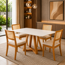 Ver imagem 1 de Mesa Jantar Pérola com 4 Cadeiras Palha Linho Bege Rubi Madeira Maciça Mel 120x90 Off White Moderna