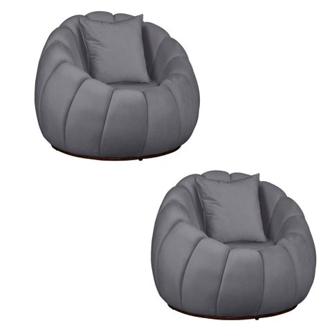 Kit 02 Poltronas Concha Almofada Base Arco Giratória Veludo Cor Cinza