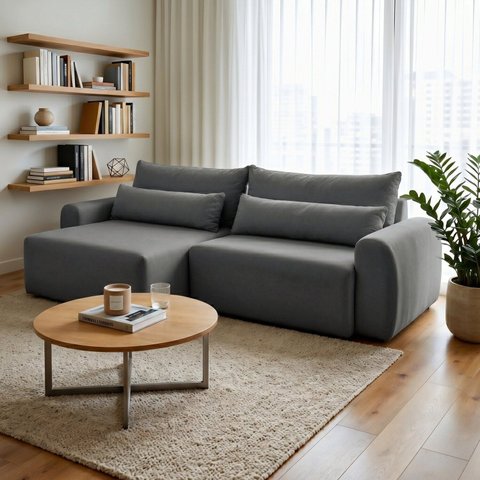 Sofá Retrátil 3 Lugares 250cm com Almofadas e Base em Madeira Maciça Kairós