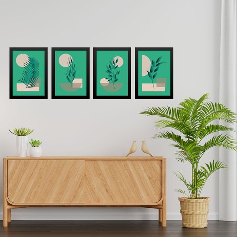 Kit 4 Quadros Abstratos Folhas Fundo Verde 24x18cm - com Vidro:moldura Preta
